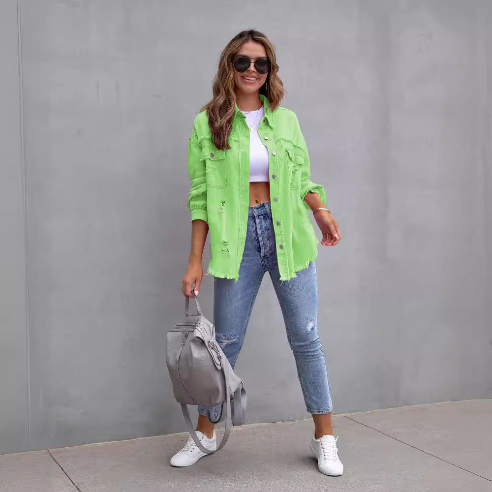 Clarissa | Womens Longline Distressed Denim Jacket