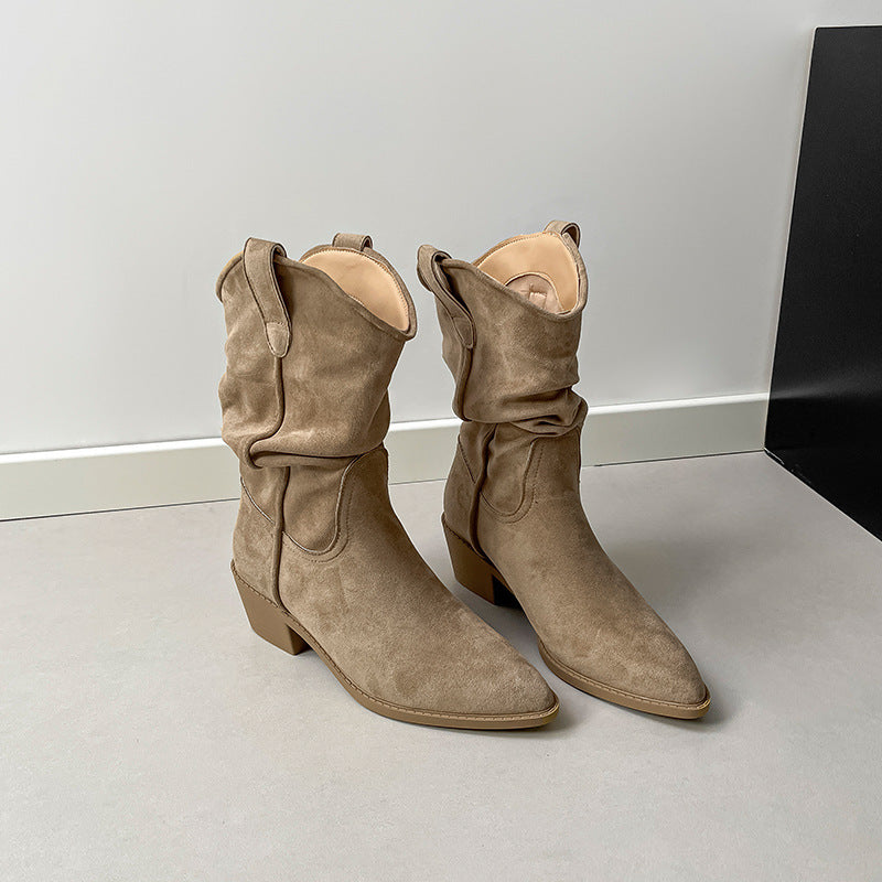 Beatrix | Womens Riding Boots Suede Pointed Toe Chunky Heel Knee High Boots