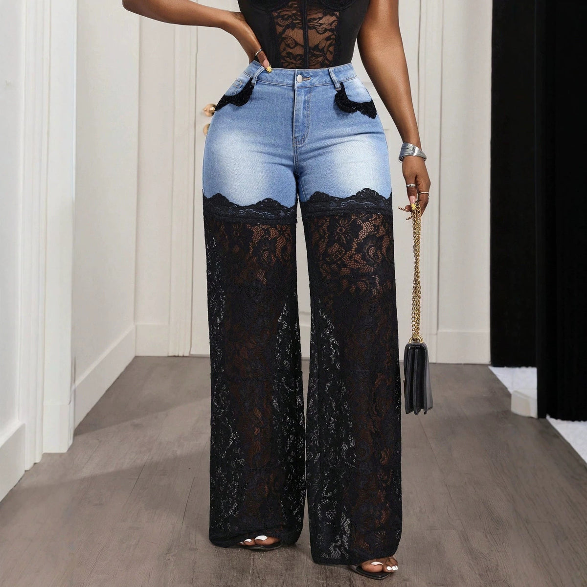 Selene | Womens Jeans High Waisted Lace Patchwork Denim