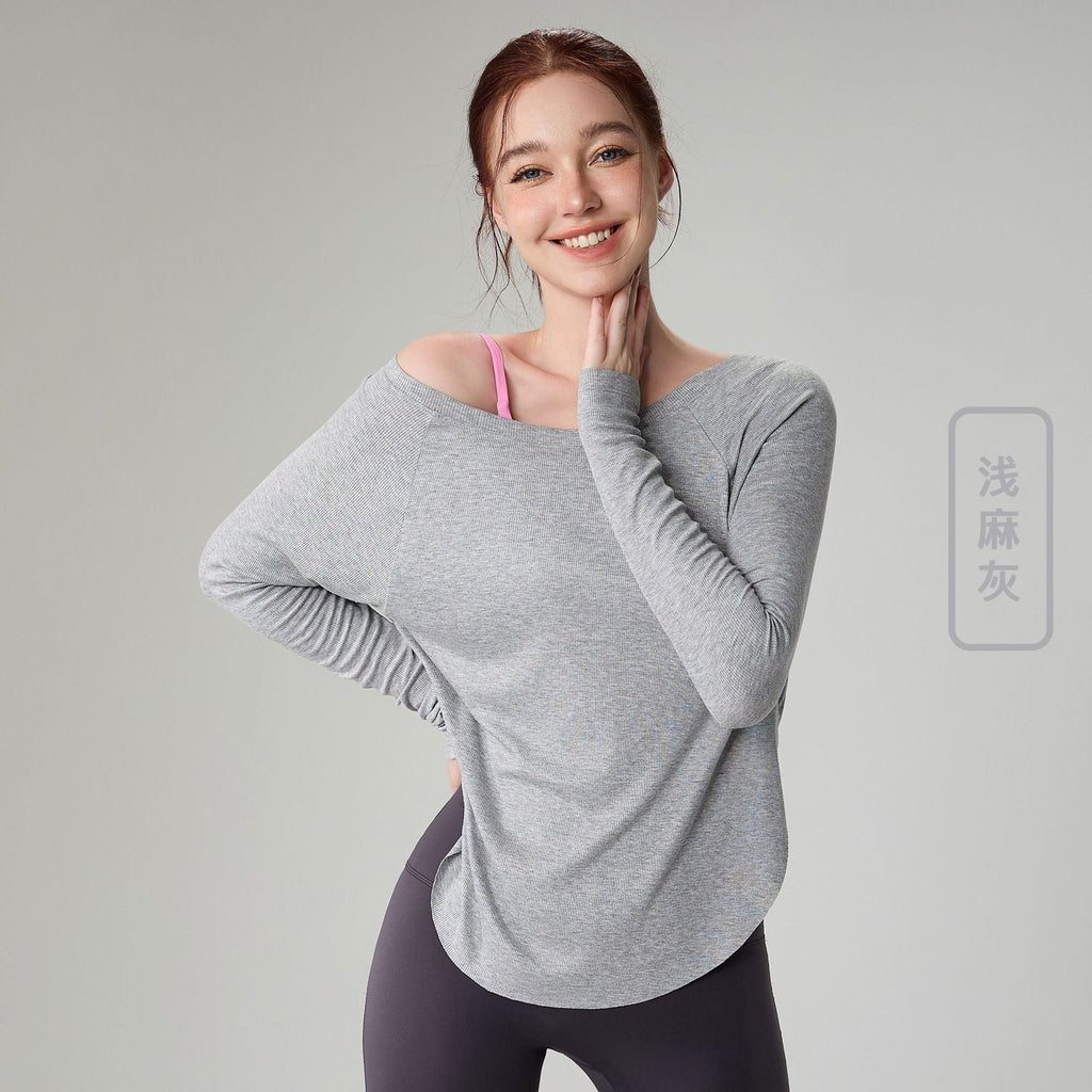 Genevieve | Womens Yoga Top Ribbed Off Shoulder Long Sleeve Fitness Top