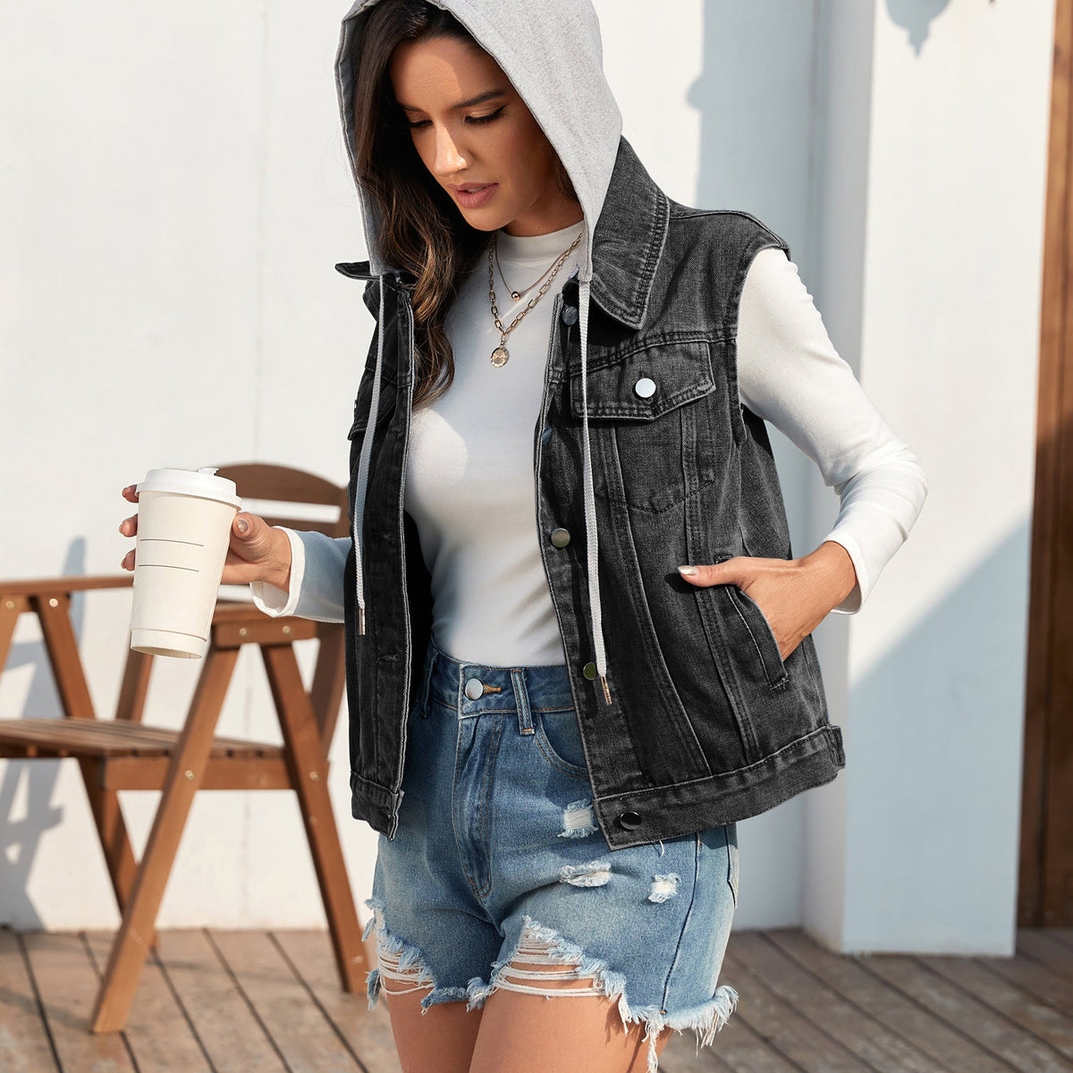 Genevieve | Womens Hooded Denim Gilet
