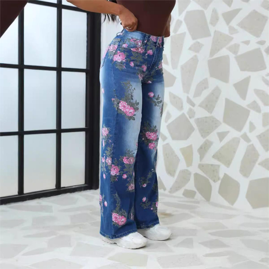 Thea | Womens Jeans Straight Leg High Waisted Printed Denim
