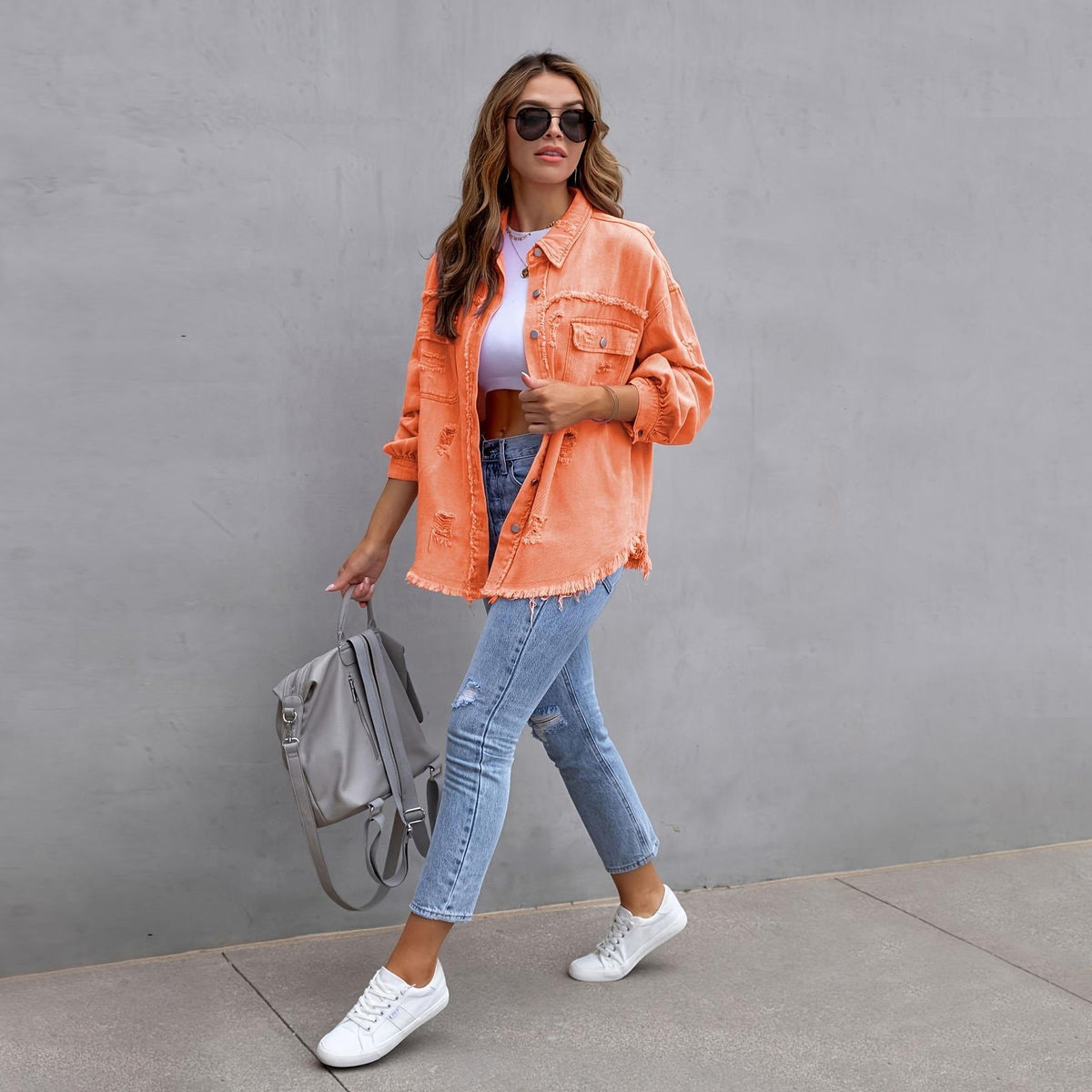 Genevieve | Womens Ripped Longline Denim Jacket