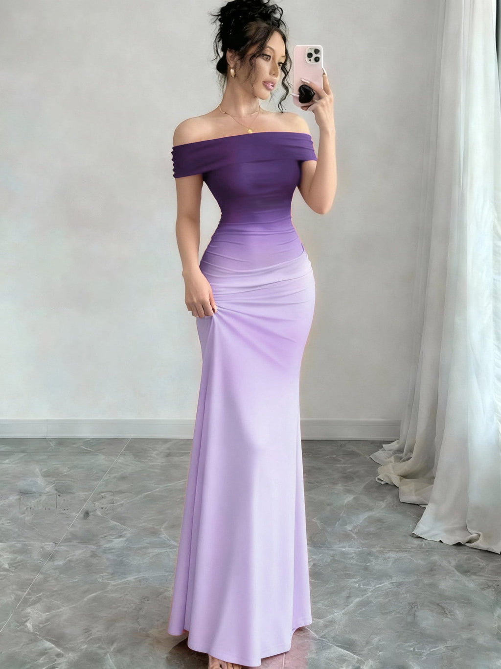 Reggie | Womens Bodycon Dress Short Sleeve Gradient Off Shoulder Long Dress