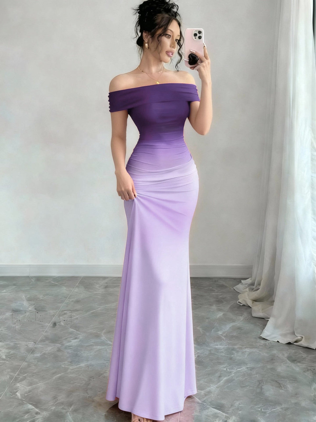 Reggie | Womens Bodycon Dress Short Sleeve Gradient Off Shoulder Long Dress