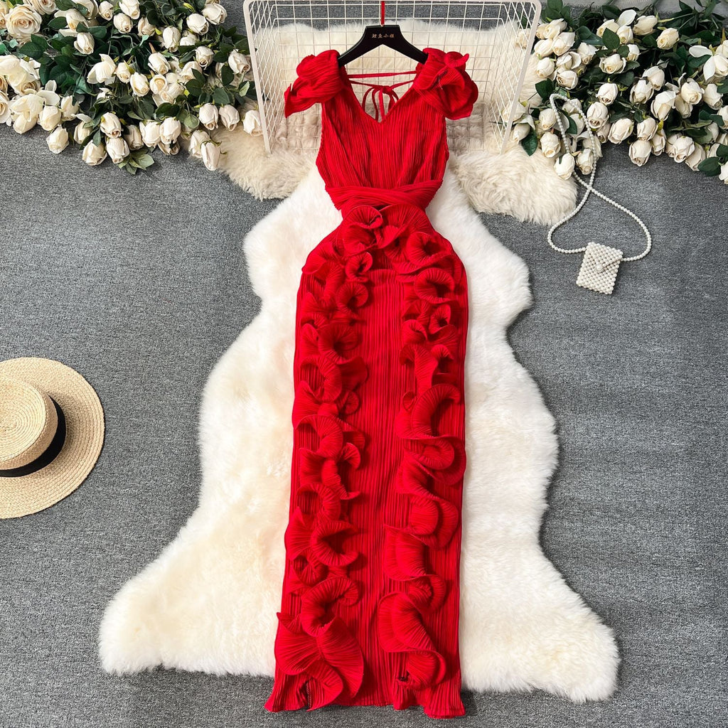 Mireille | Womens Wedding Guest Dress Pleated Ruffle Evening Maxi Dress