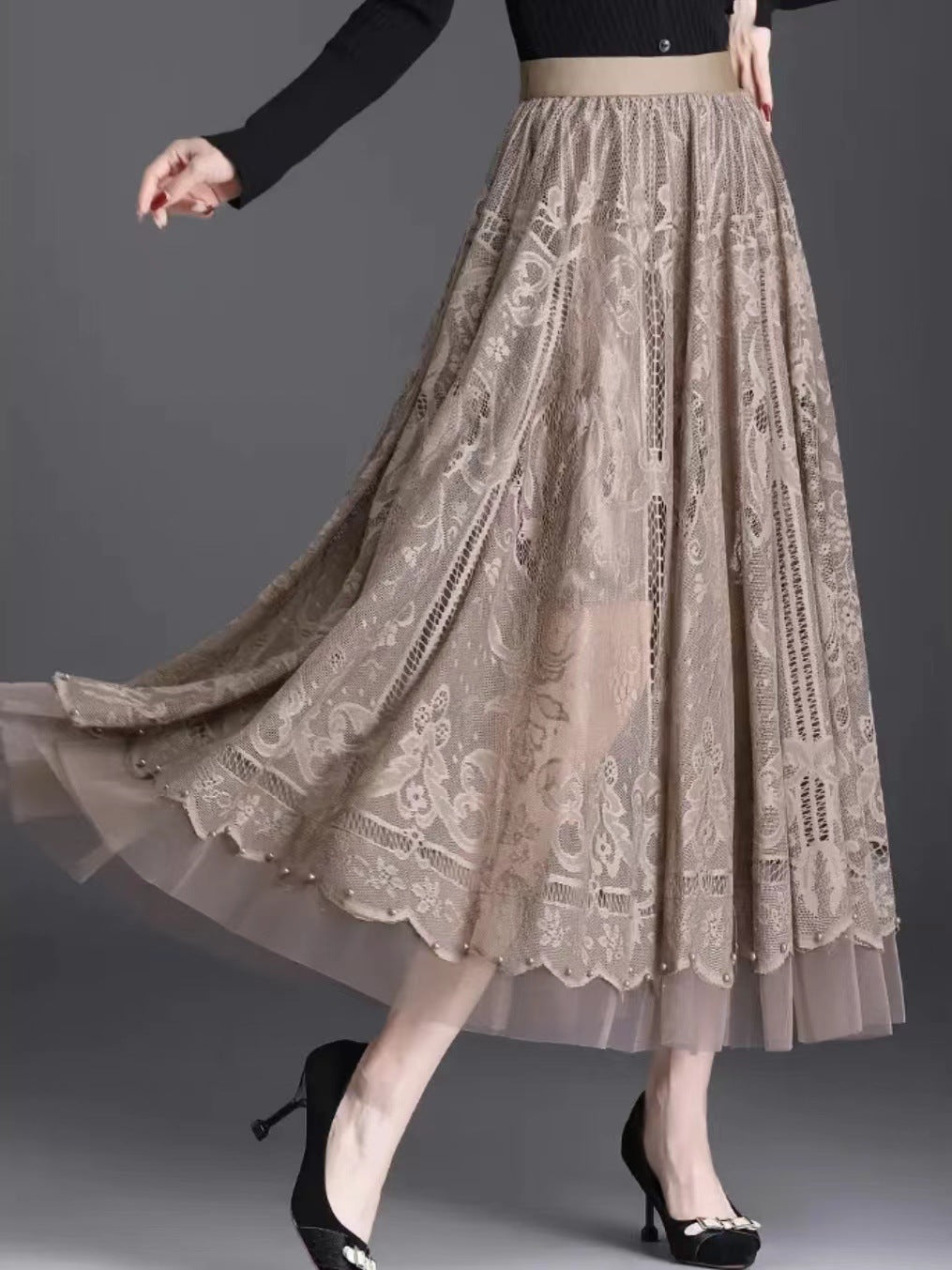 Finnian | Womens Maxi Skirt A Line High Waisted Beaded Tulle Long Skirt