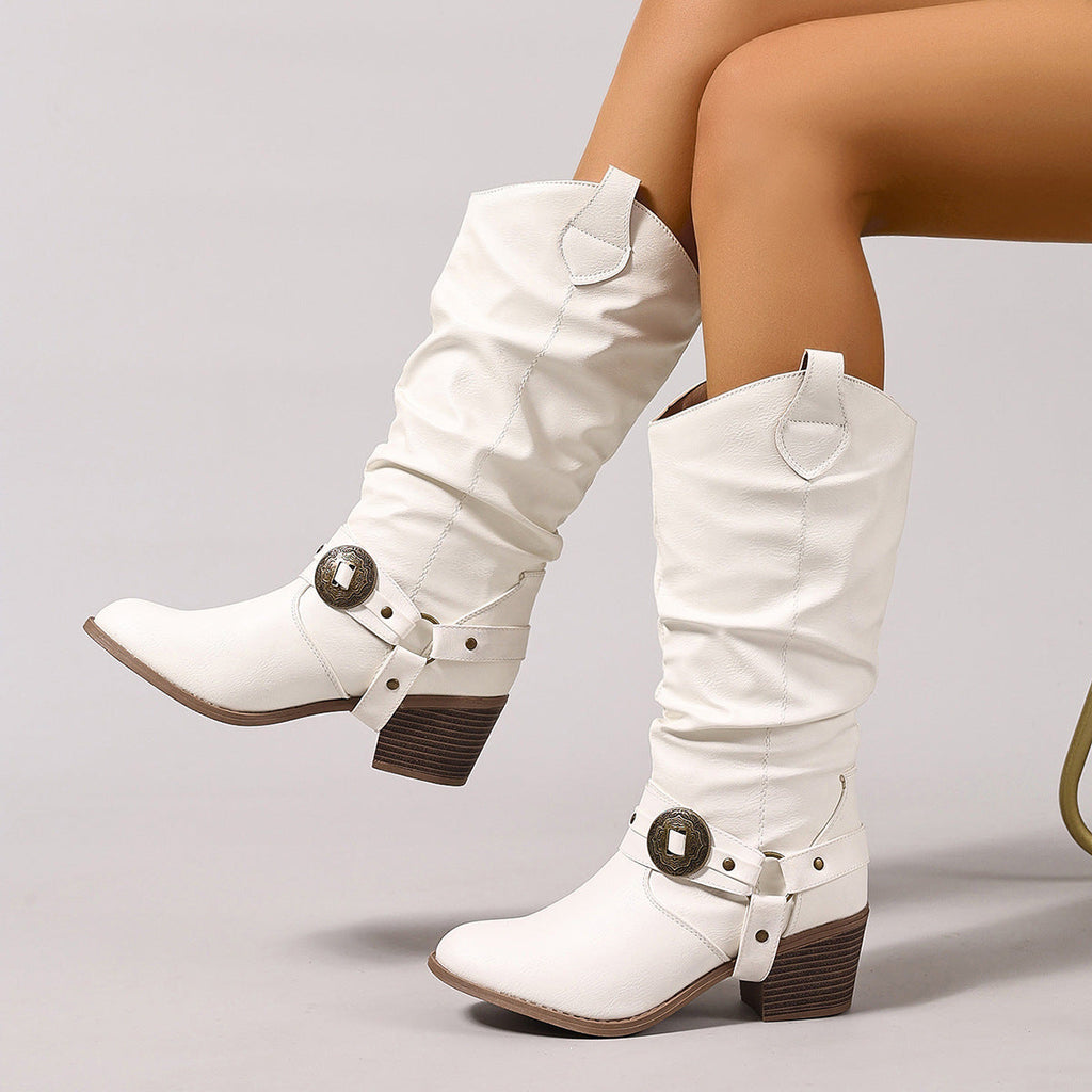Romilly | Womens Cowboy Boots Studded Chunky Heel Western Long Boots