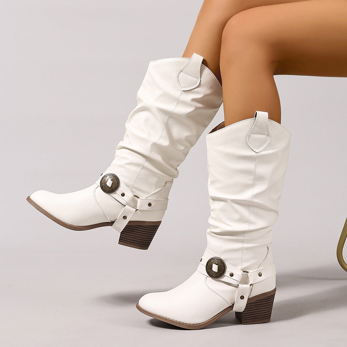Romilly | Womens Cowboy Boots Studded Chunky Heel Western Long Boots