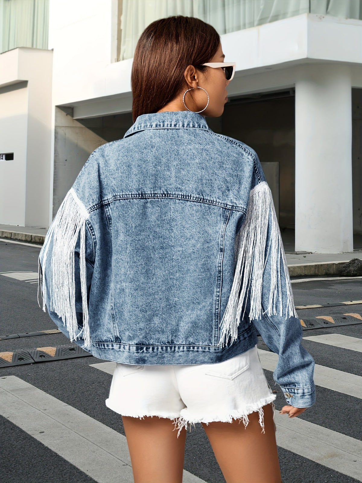 Beatrice | Womens Distressed Fringed Denim Jacket