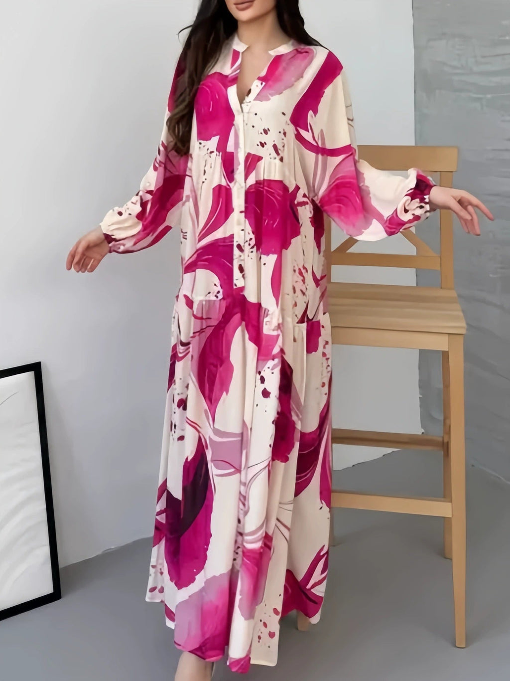 Ulric | Womens Dress Printed Long Sleeve V Neck Loose Maxi Dress