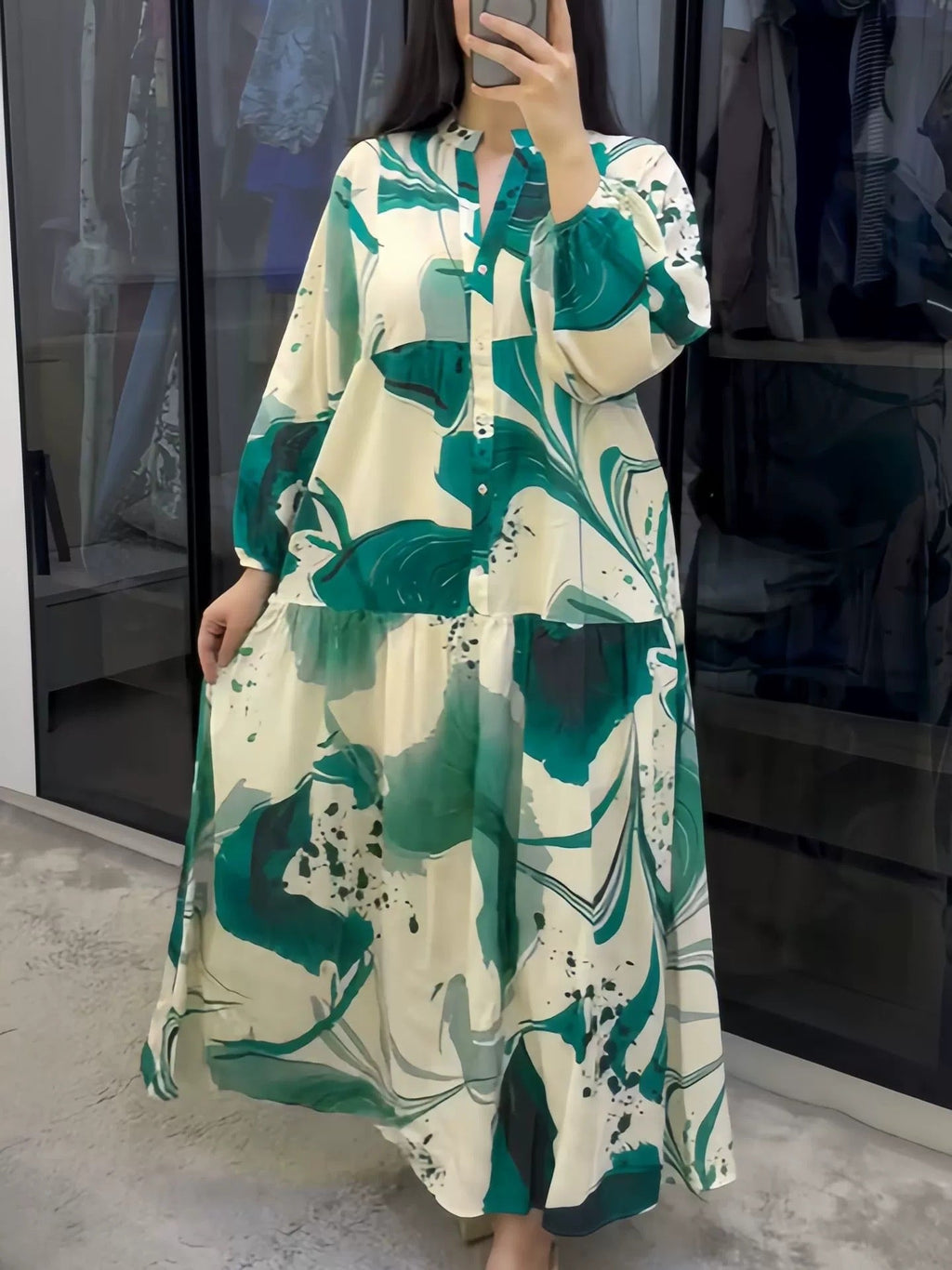 Ulric | Womens Dress Printed Long Sleeve V Neck Loose Maxi Dress