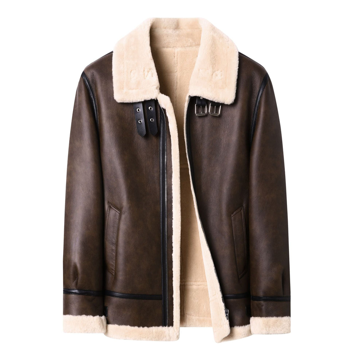 Marius | Mens Leather Shearling Biker Aviator Flight Lined Jacket - 5