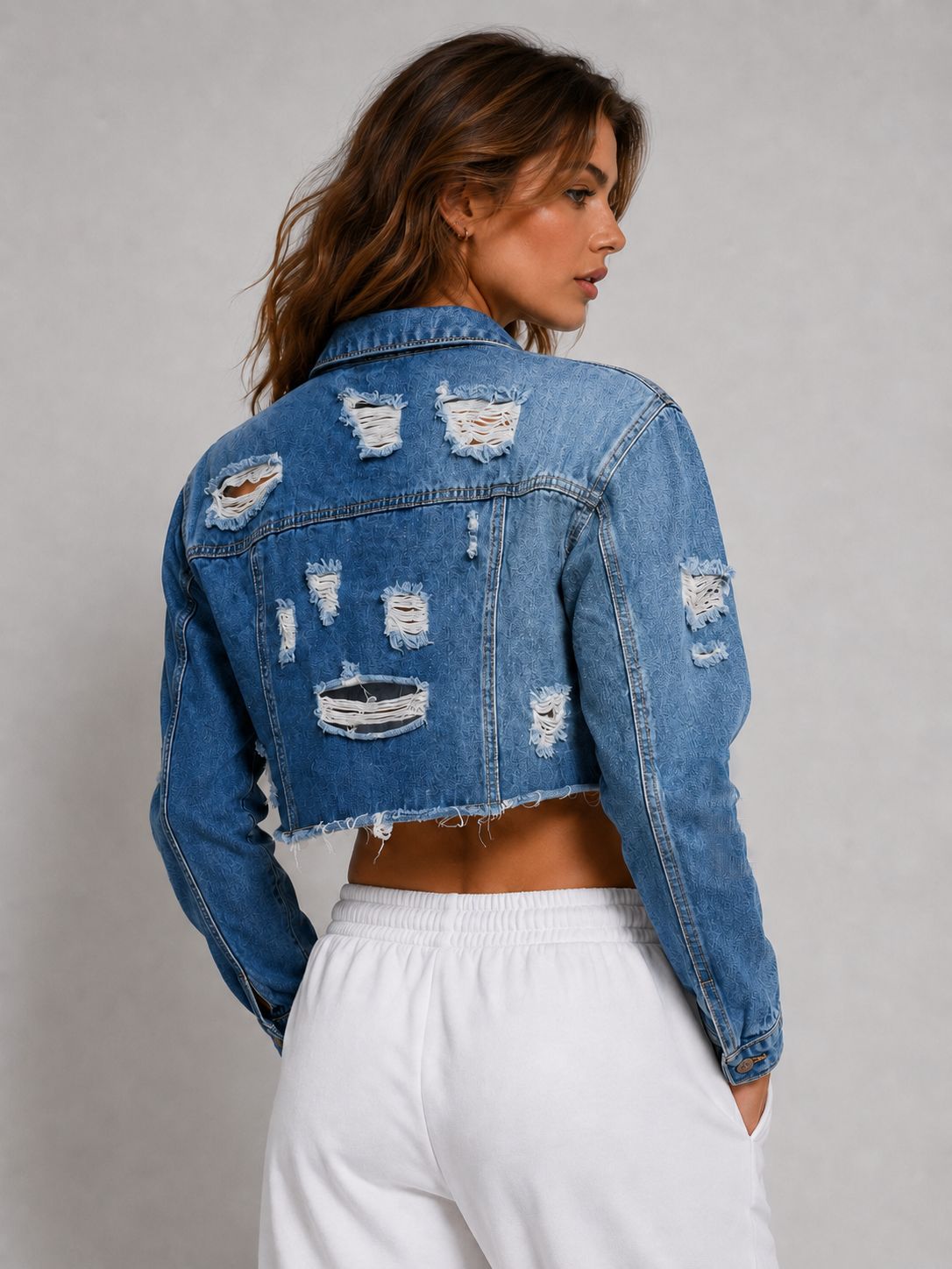 Elowen | Womens Distressed Cropped Denim Jacket