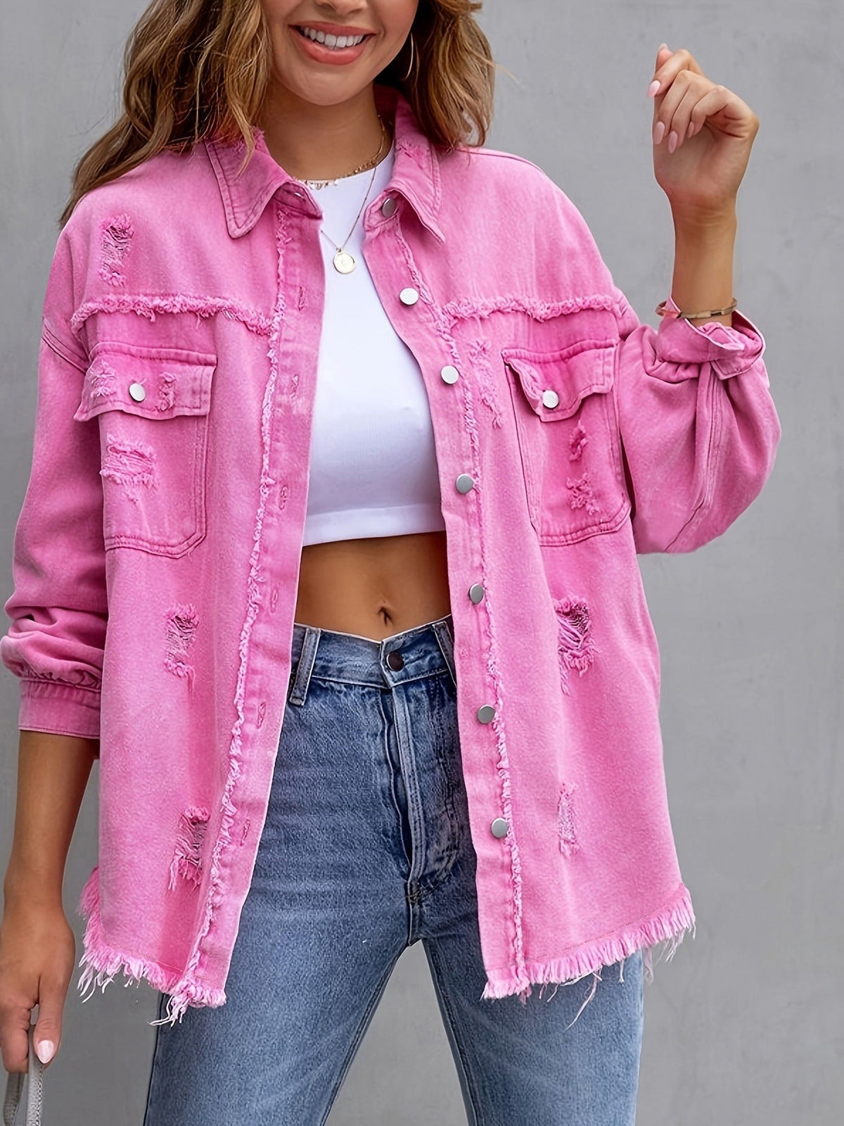Genevieve | Womens Ripped Longline Denim Jacket