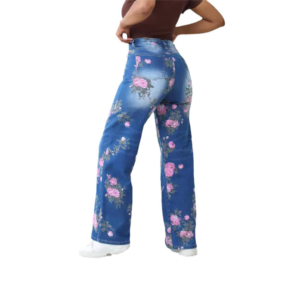 Thea | Womens Jeans Straight Leg High Waisted Printed Denim