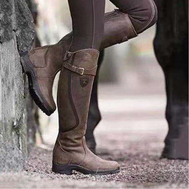 Amos | Womens Knee High Riding Buckle Equestrian Retro Boots - 8