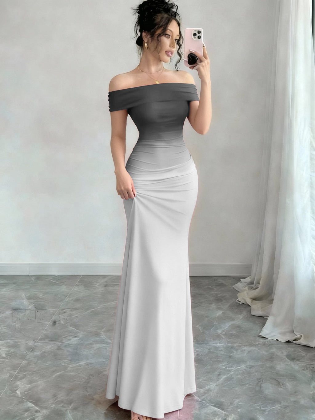 Reggie | Womens Bodycon Dress Short Sleeve Gradient Off Shoulder Long Dress