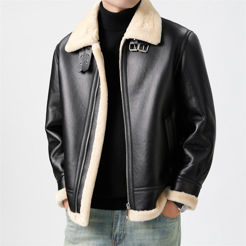 Marius | Mens Leather Shearling Biker Aviator Flight Lined Jacket - 2