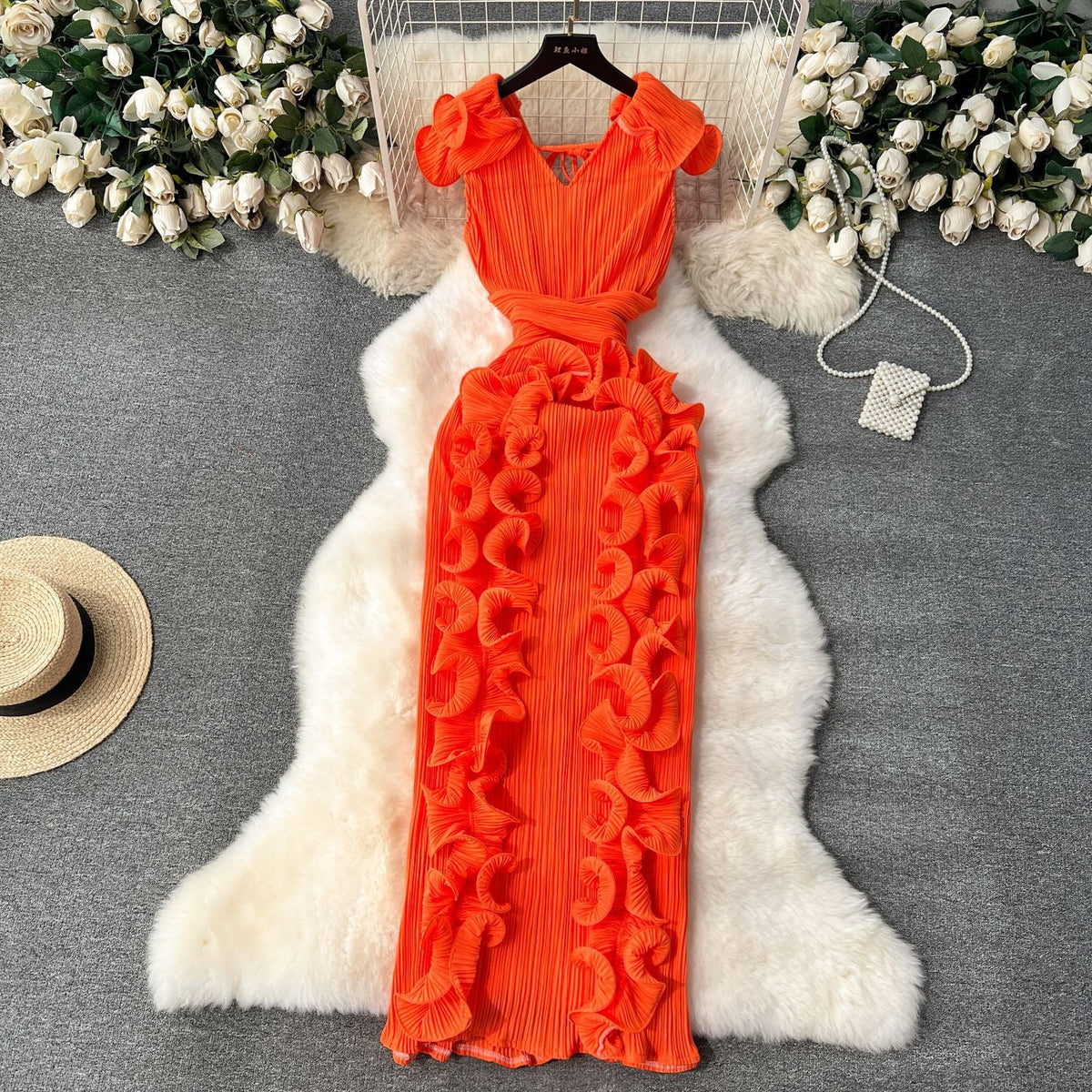 Mireille | Womens Wedding Guest Dress Pleated Ruffle Evening Maxi Dress