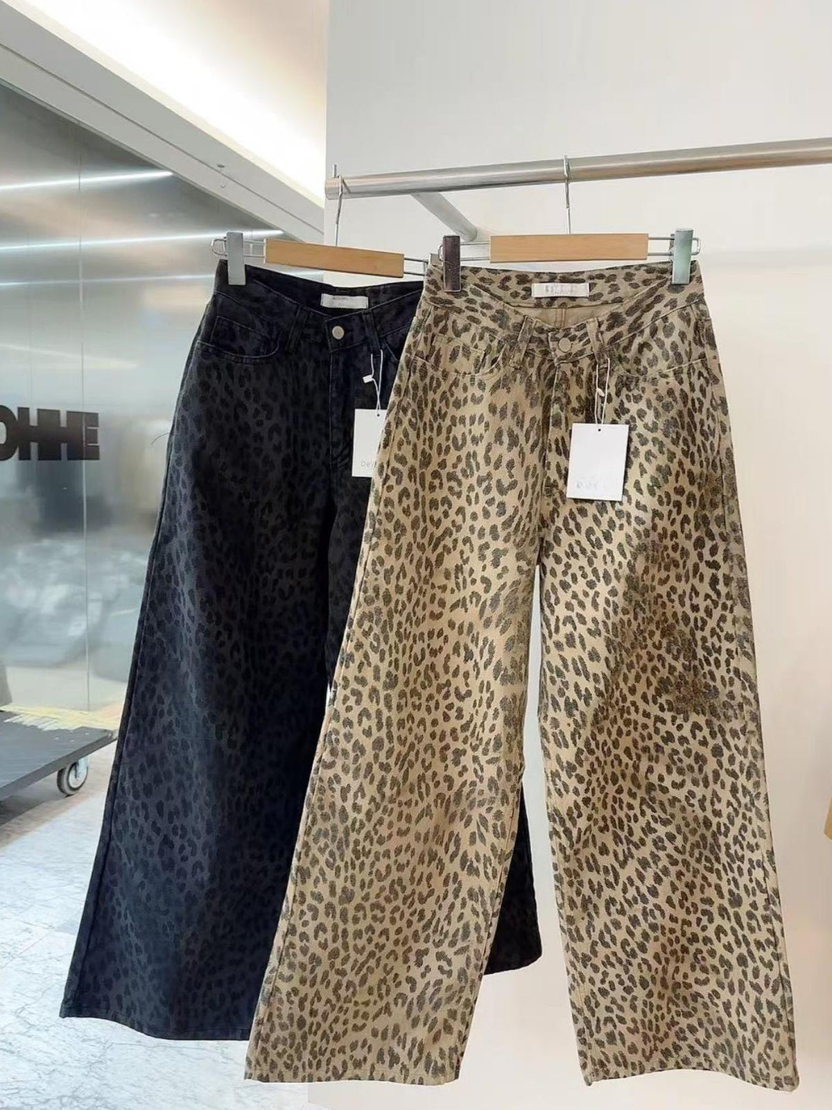 Esmee | Womens Wide Leg Jeans High Waisted Leopard Print Straight Leg Denim