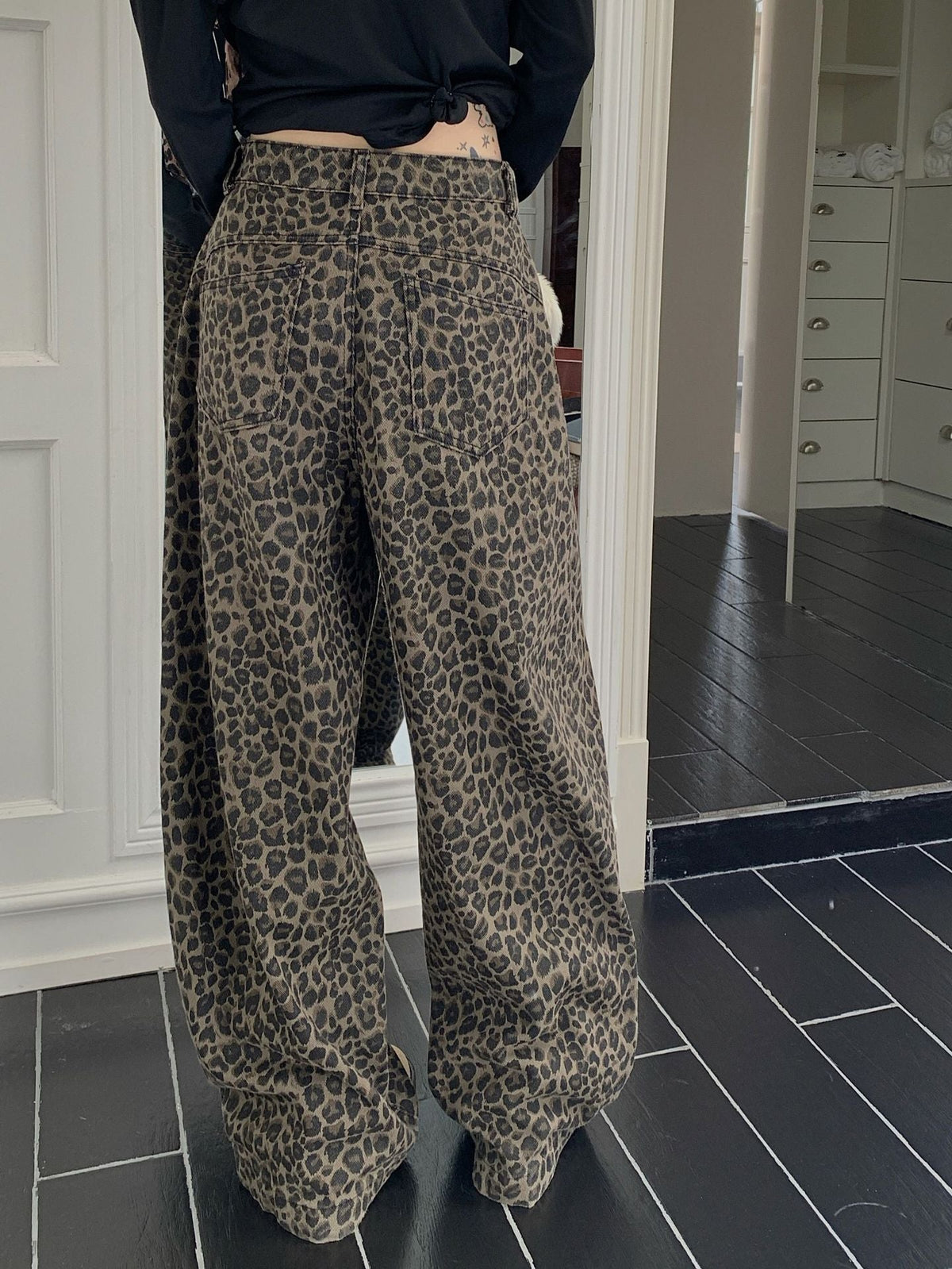 Greta | Womens High Waisted Jeans Leopard Print Straight Leg Slim Denim