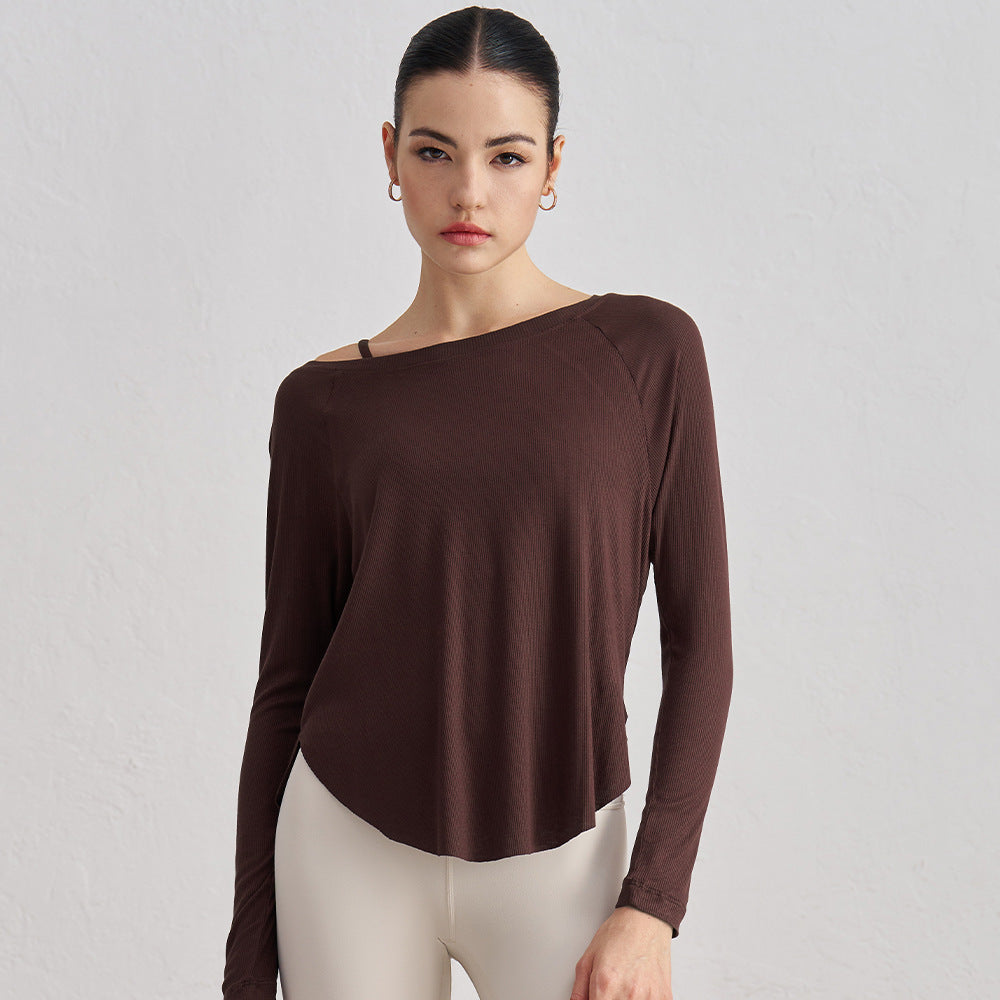 Genevieve | Womens Yoga Top Ribbed Off Shoulder Long Sleeve Fitness Top