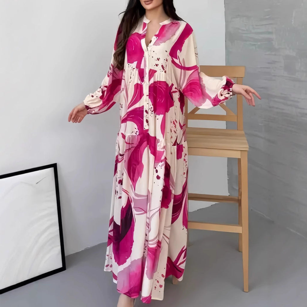 Ulric | Womens Dress Printed Long Sleeve V Neck Loose Maxi Dress
