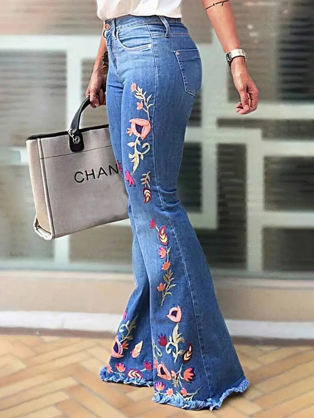 Sylvie | Womens Jeans Flare High Waisted Embroidered Stretch Denim