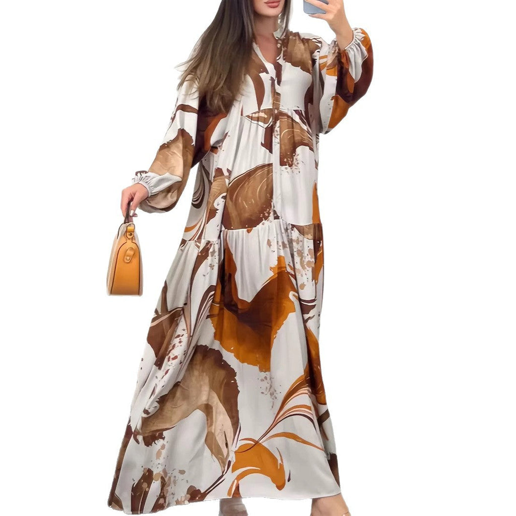 Ulric | Womens Dress Printed Long Sleeve V Neck Loose Maxi Dress