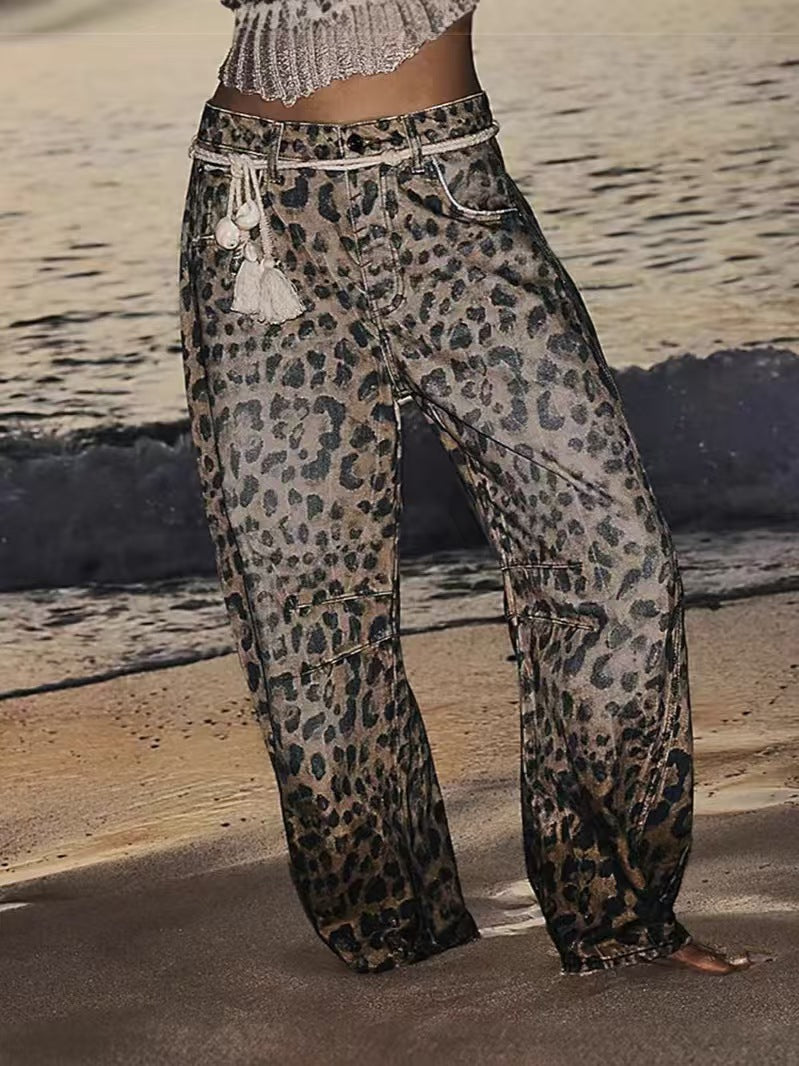 Halle | Womens Straight Leg Jeans Leopard Print High Waisted Denim