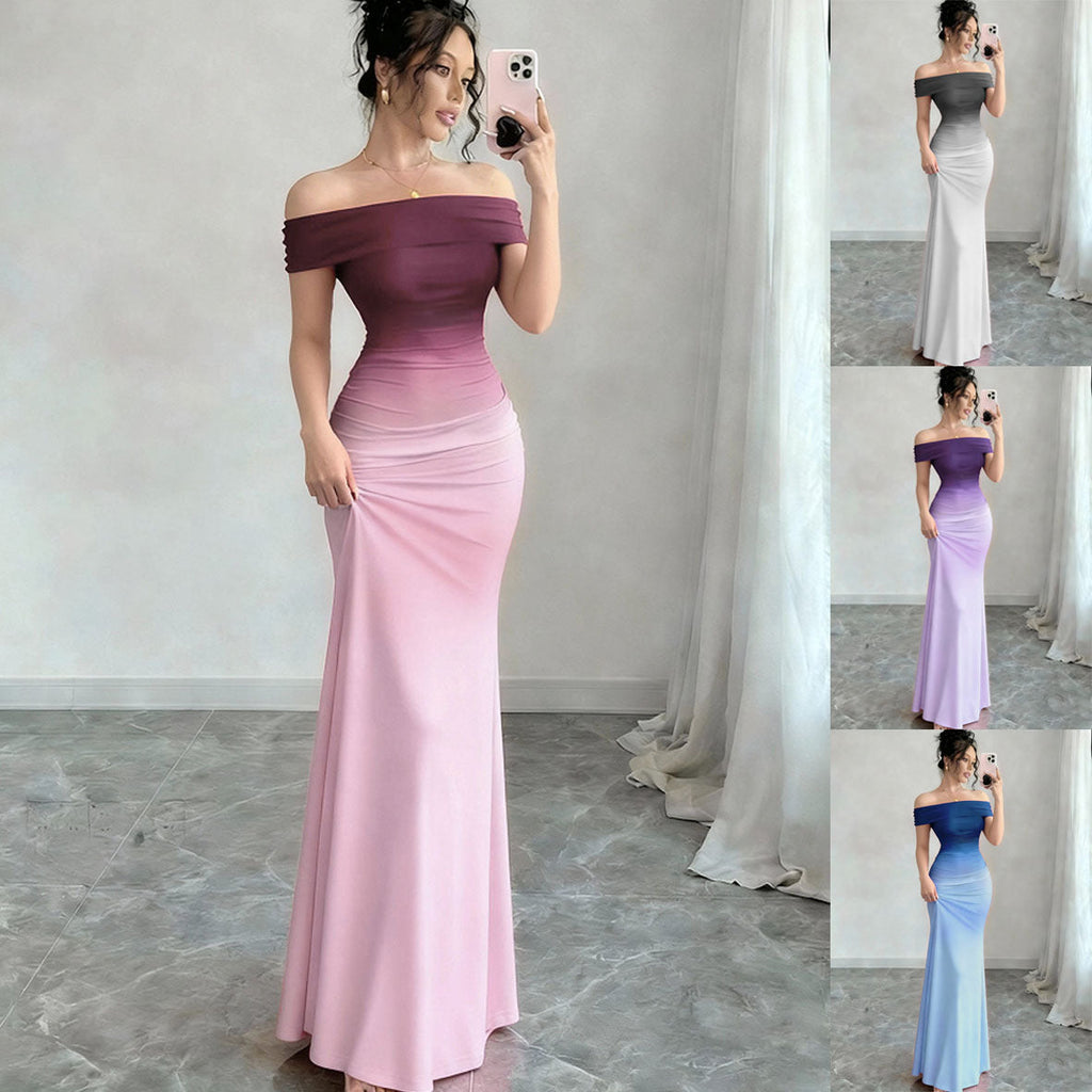 Reggie | Womens Bodycon Dress Short Sleeve Gradient Off Shoulder Long Dress