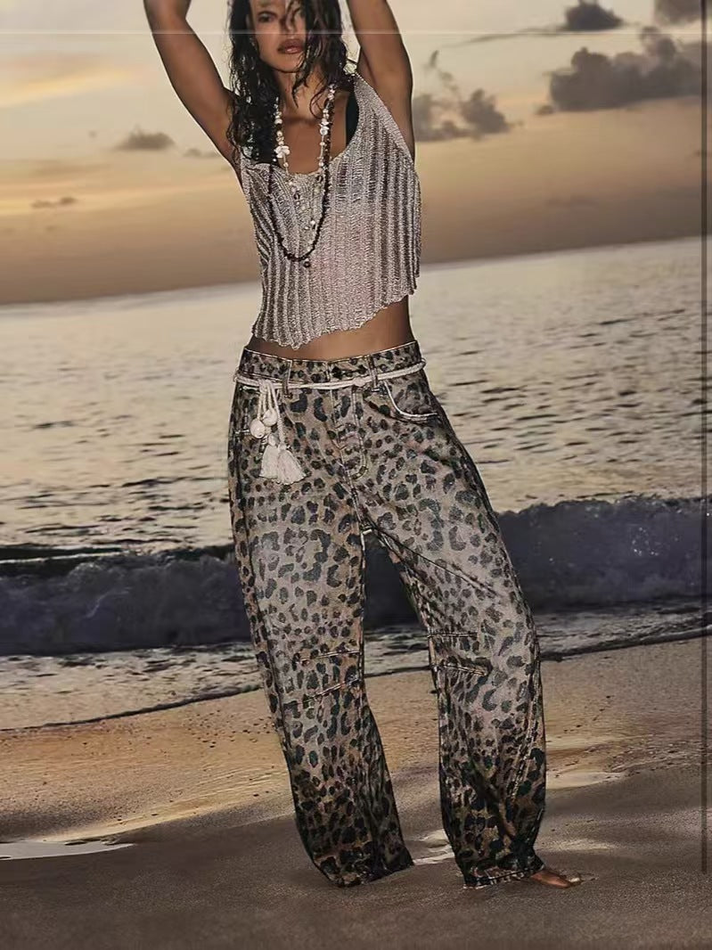Halle | Womens Straight Leg Jeans Leopard Print High Waisted Denim