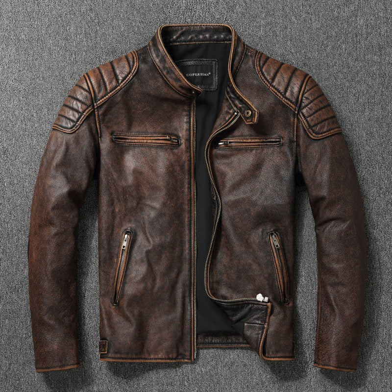 Garrick | Mens Leather Jacket Stand Collar Motorcycle Biker Jacket - 7