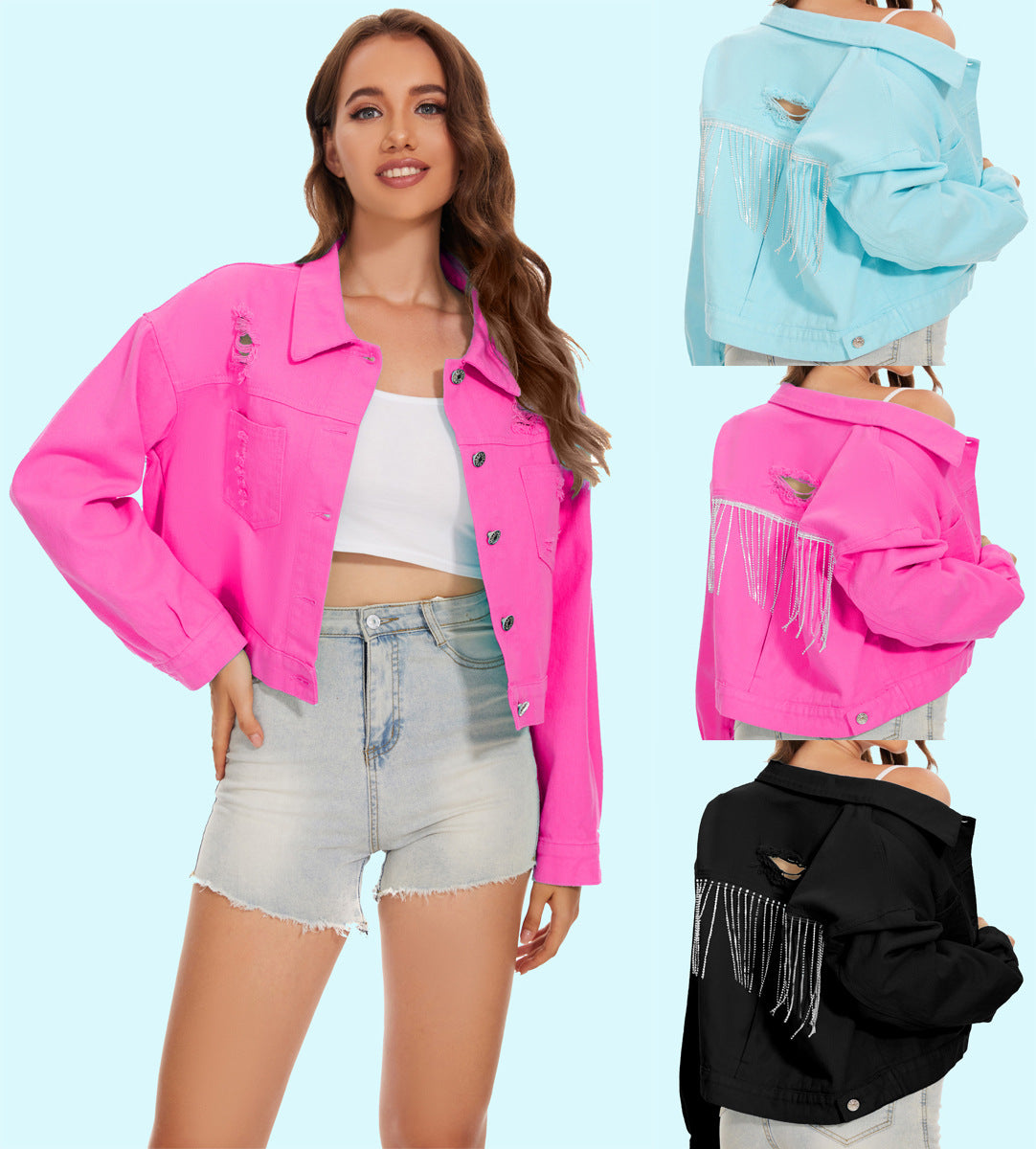 Genevieve | Womens Distressed Fringe Denim Jacket