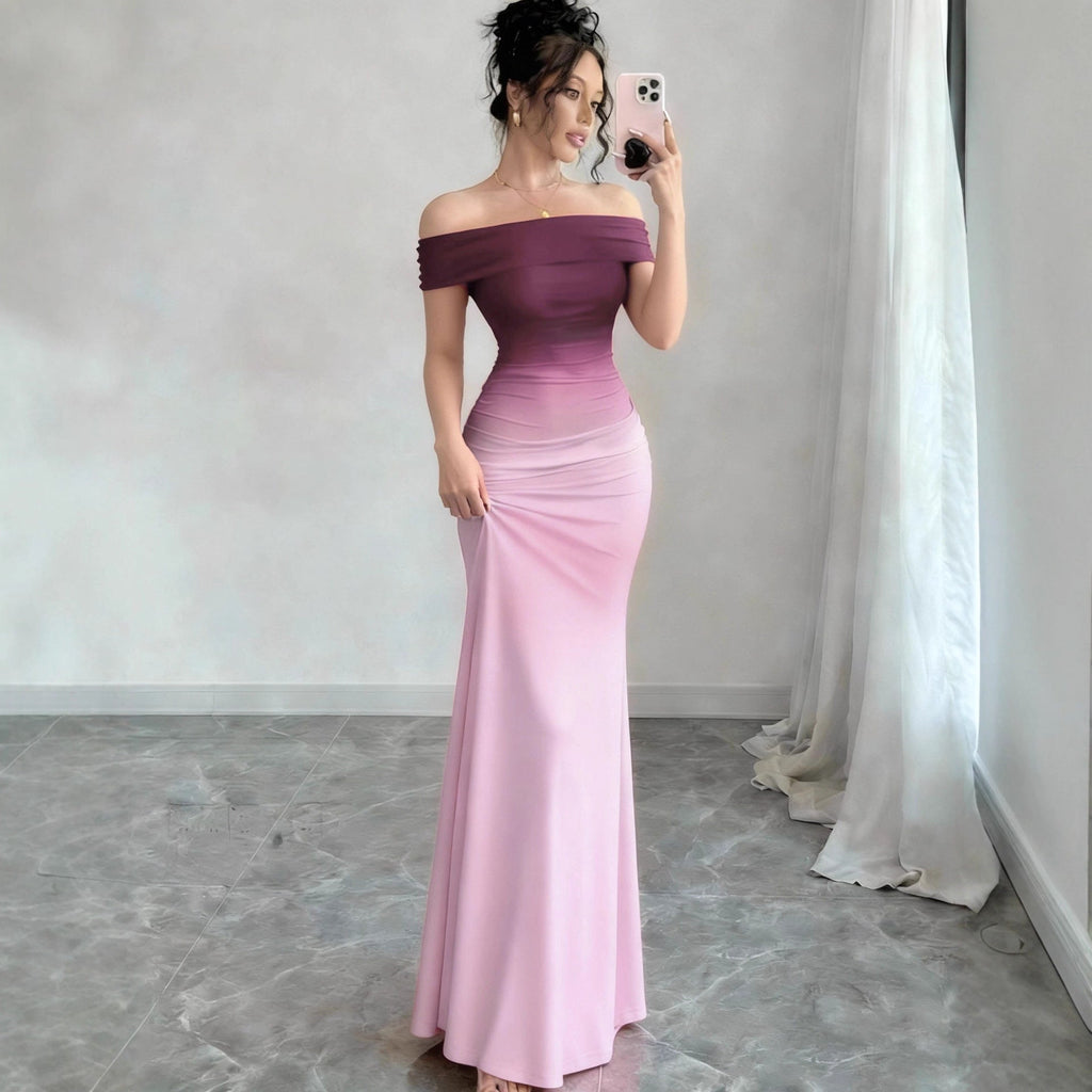 Reggie | Womens Bodycon Dress Short Sleeve Gradient Off Shoulder Long Dress
