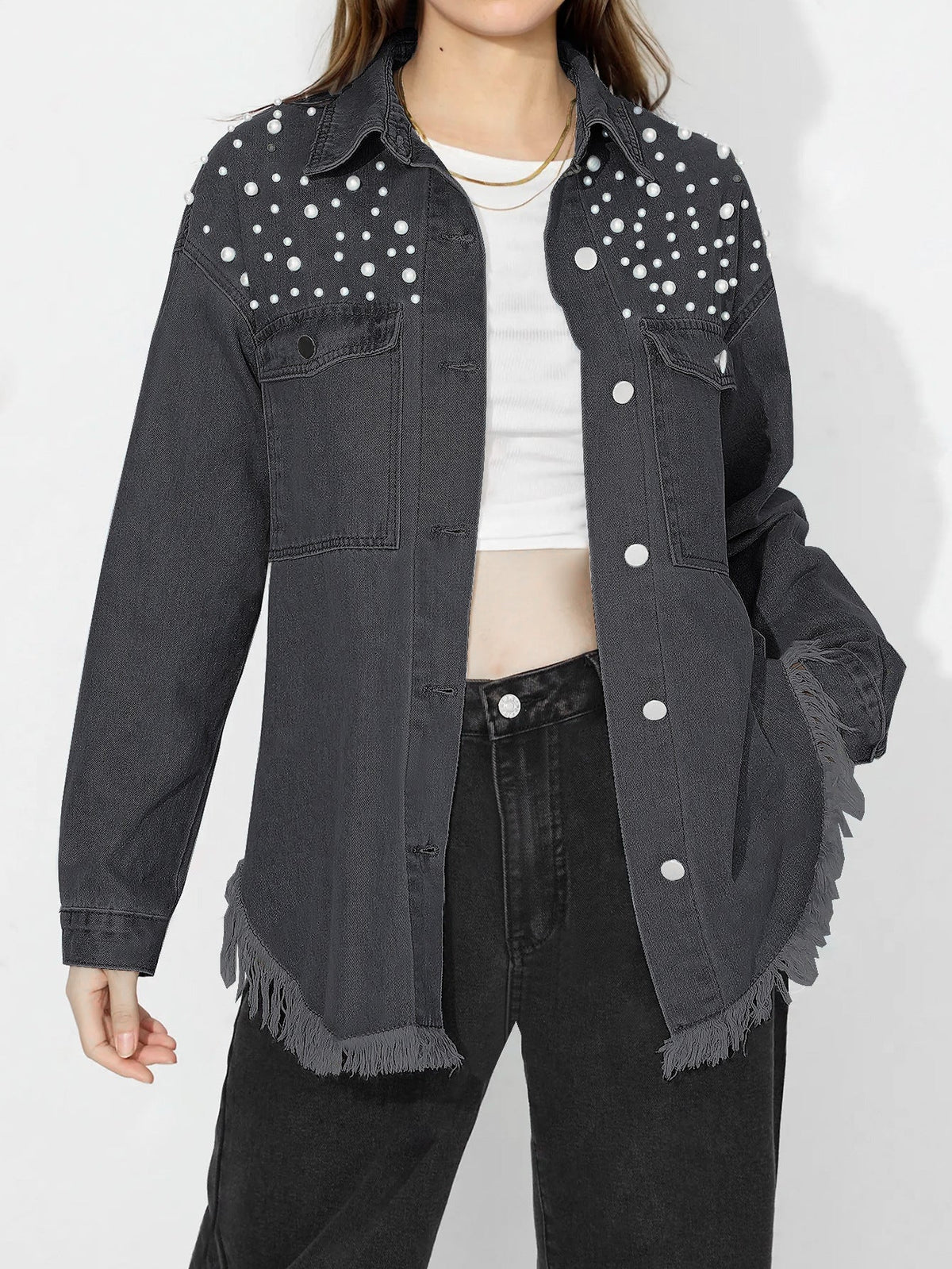 Eleanor | Womens Oversized Beaded Frayed Denim Jacket