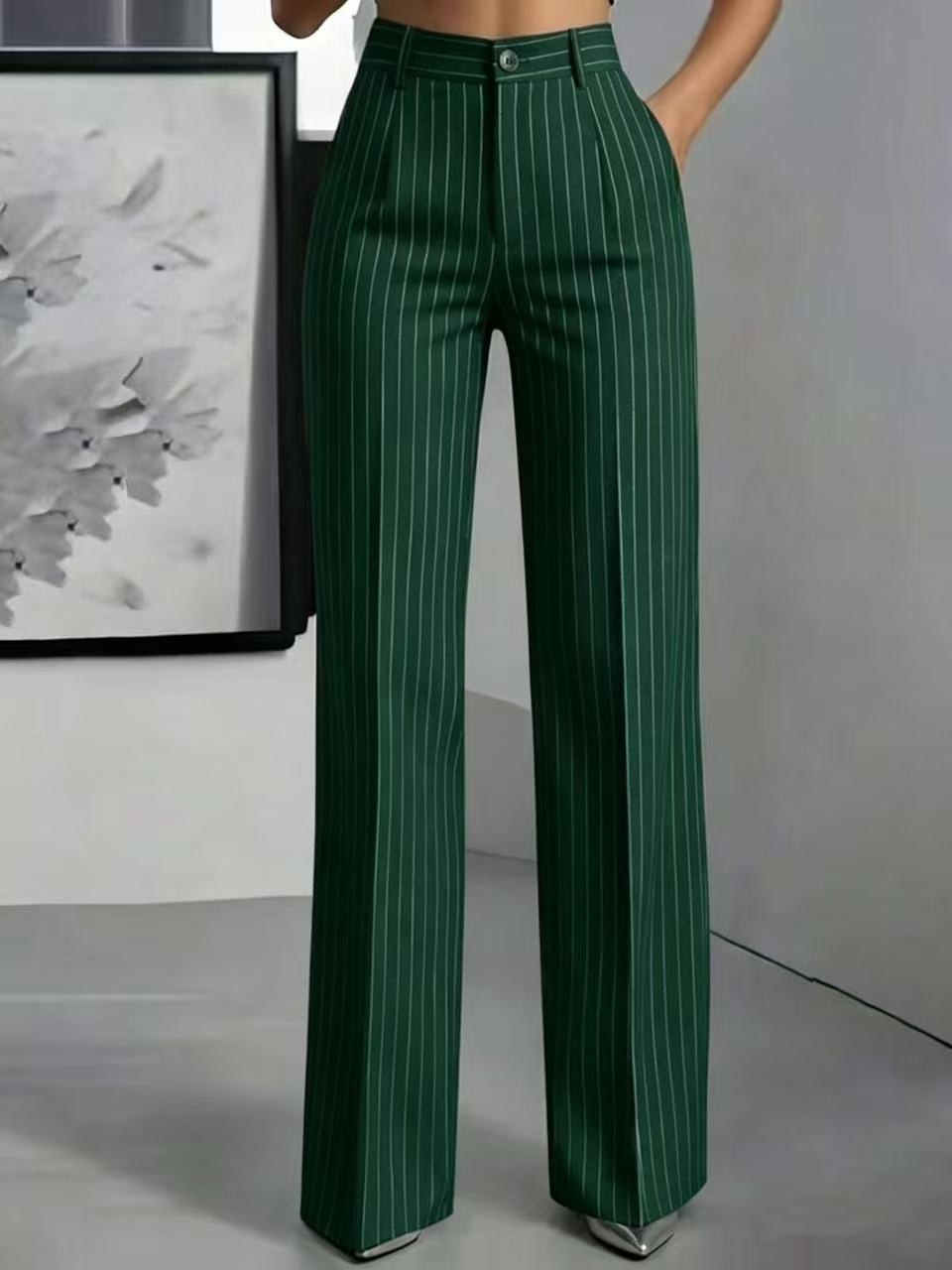 Briony | Womens Work Wide Leg High Waisted Striped Trousers - 12