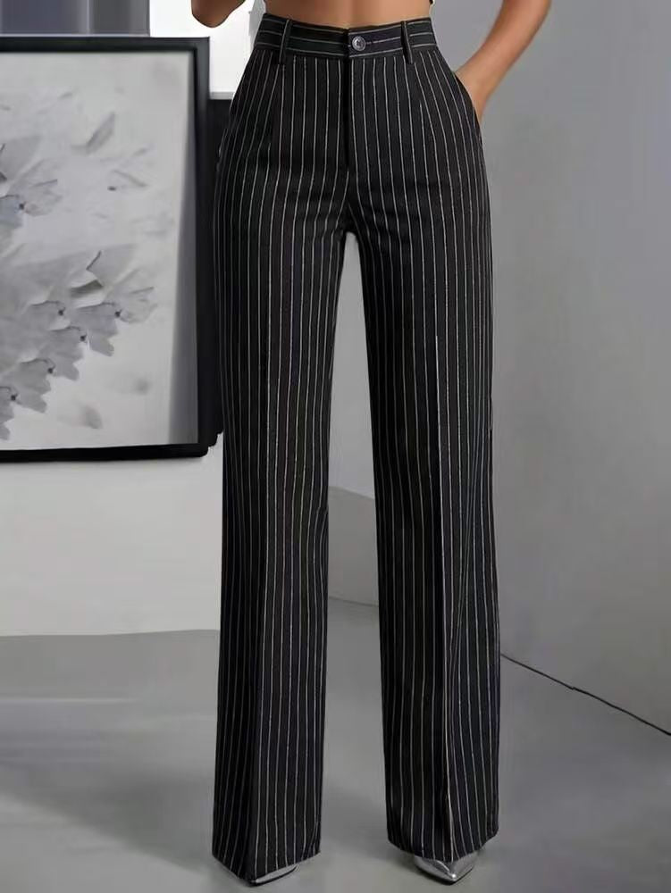 Briony | Womens Work Wide Leg High Waisted Striped Trousers - 6