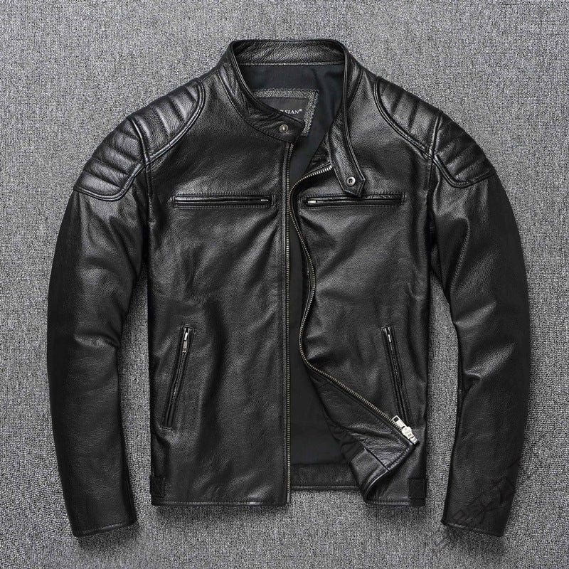 Garrick | Mens Leather Jacket Stand Collar Motorcycle Biker Jacket - 2