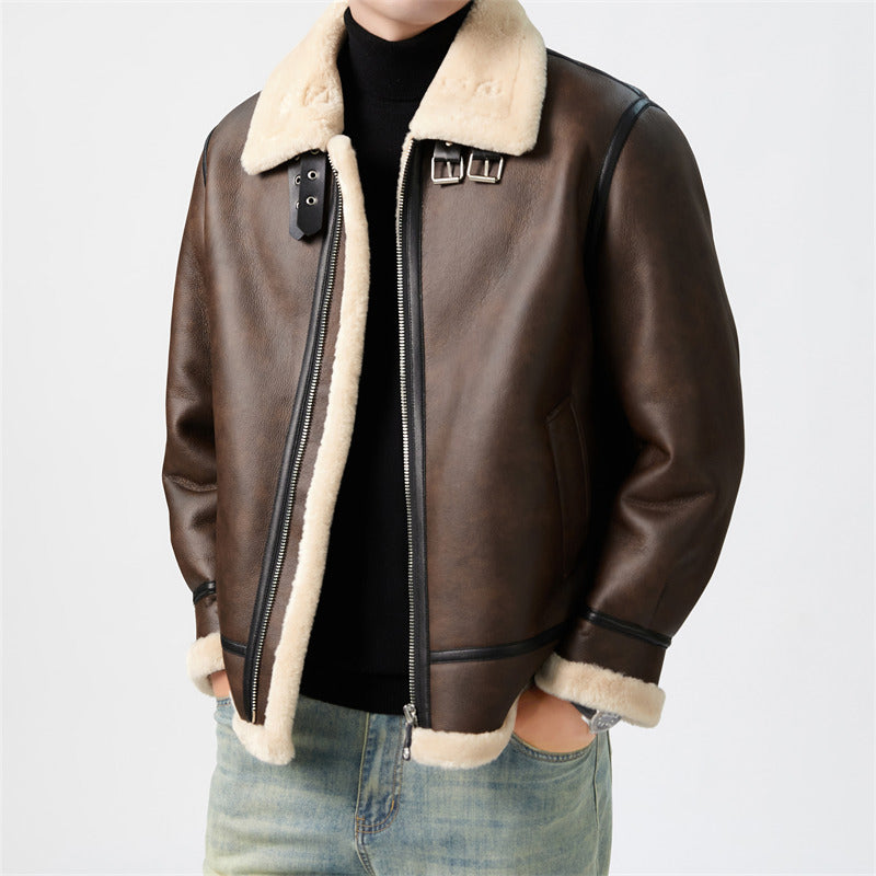Marius | Mens Leather Shearling Biker Aviator Flight Lined Jacket - 1