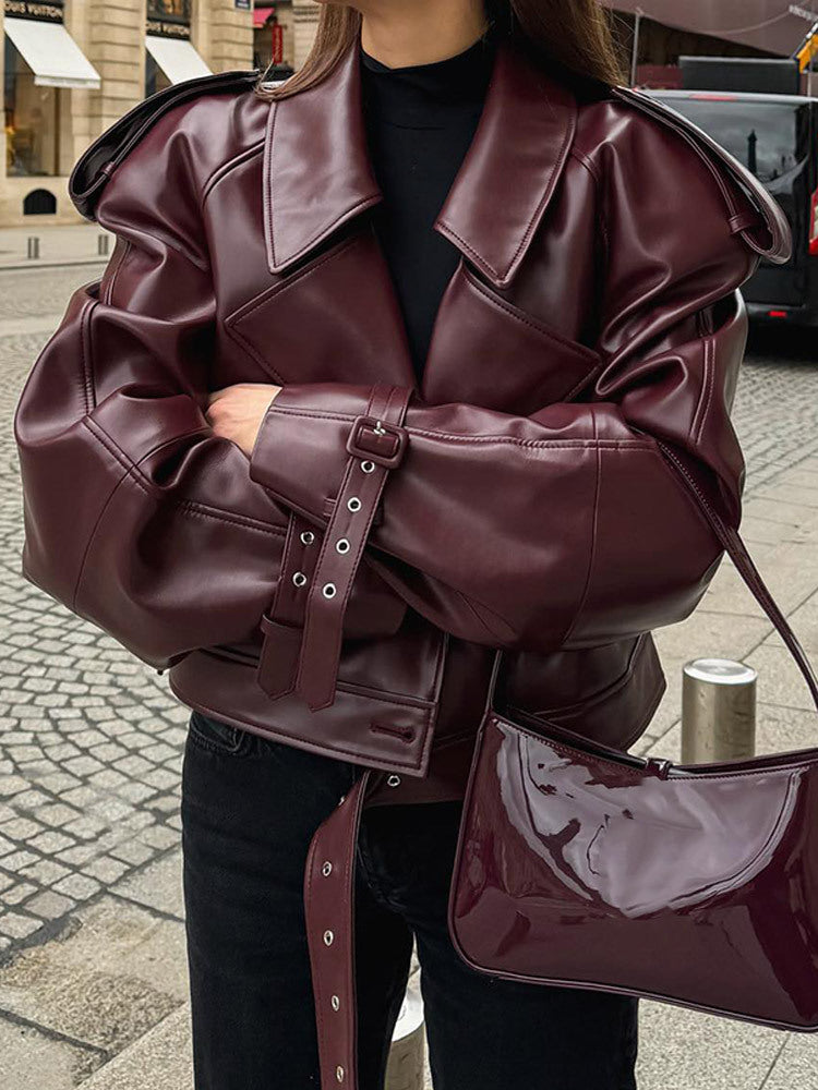 Elowen | Womens Leather Jacket Biker Moto Lapel Jacket
