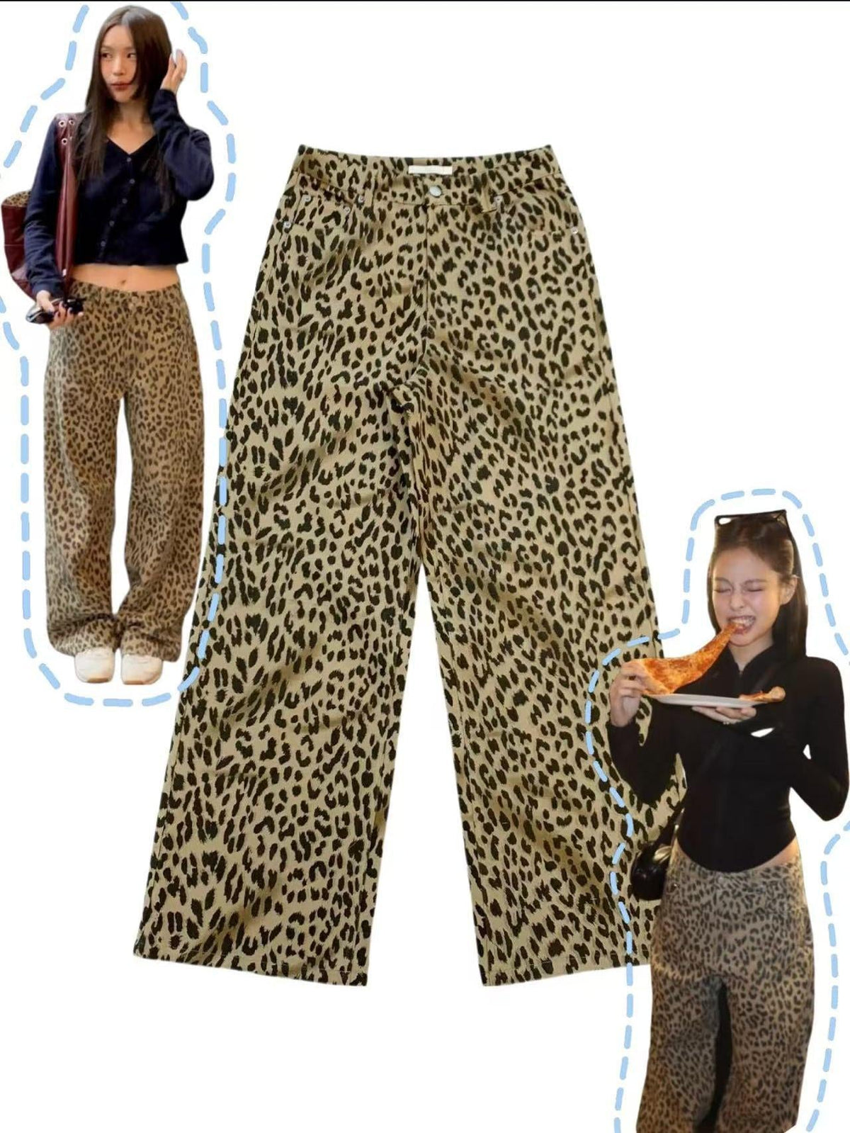 Esmee | Womens Wide Leg Jeans High Waisted Leopard Print Straight Leg Denim