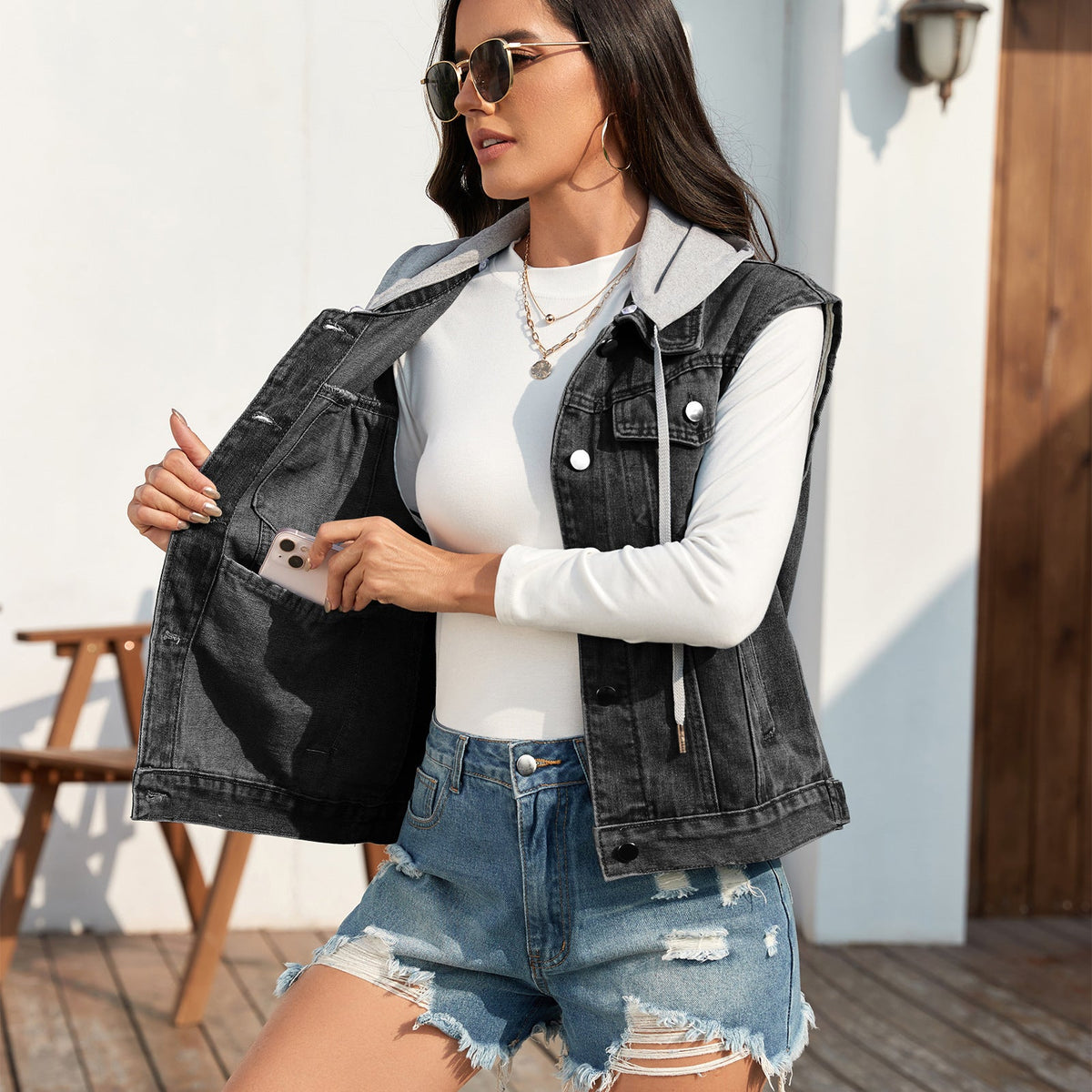 Cordelia | Womens Hooded Denim Gilet Waistcoat