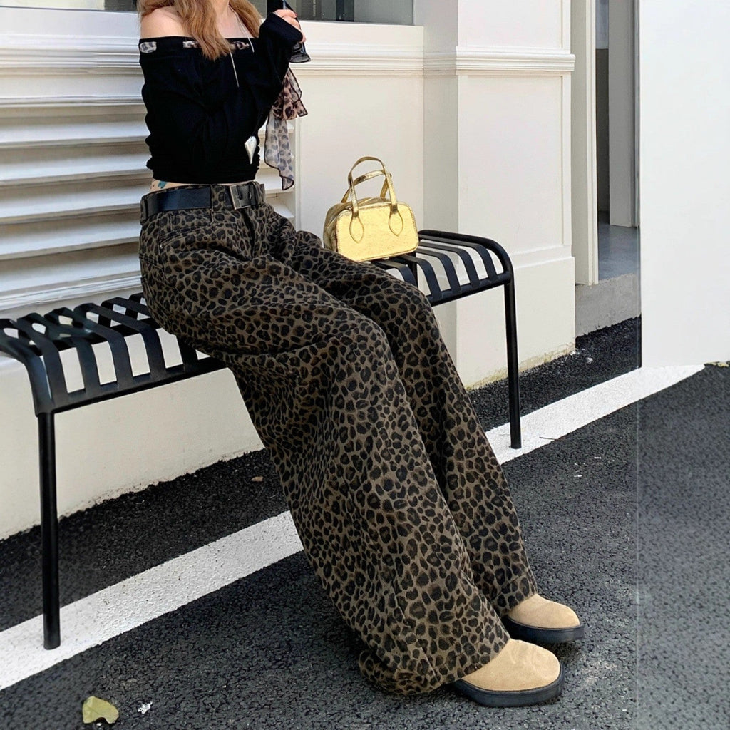 Greta | Womens High Waisted Jeans Leopard Print Straight Leg Slim Denim