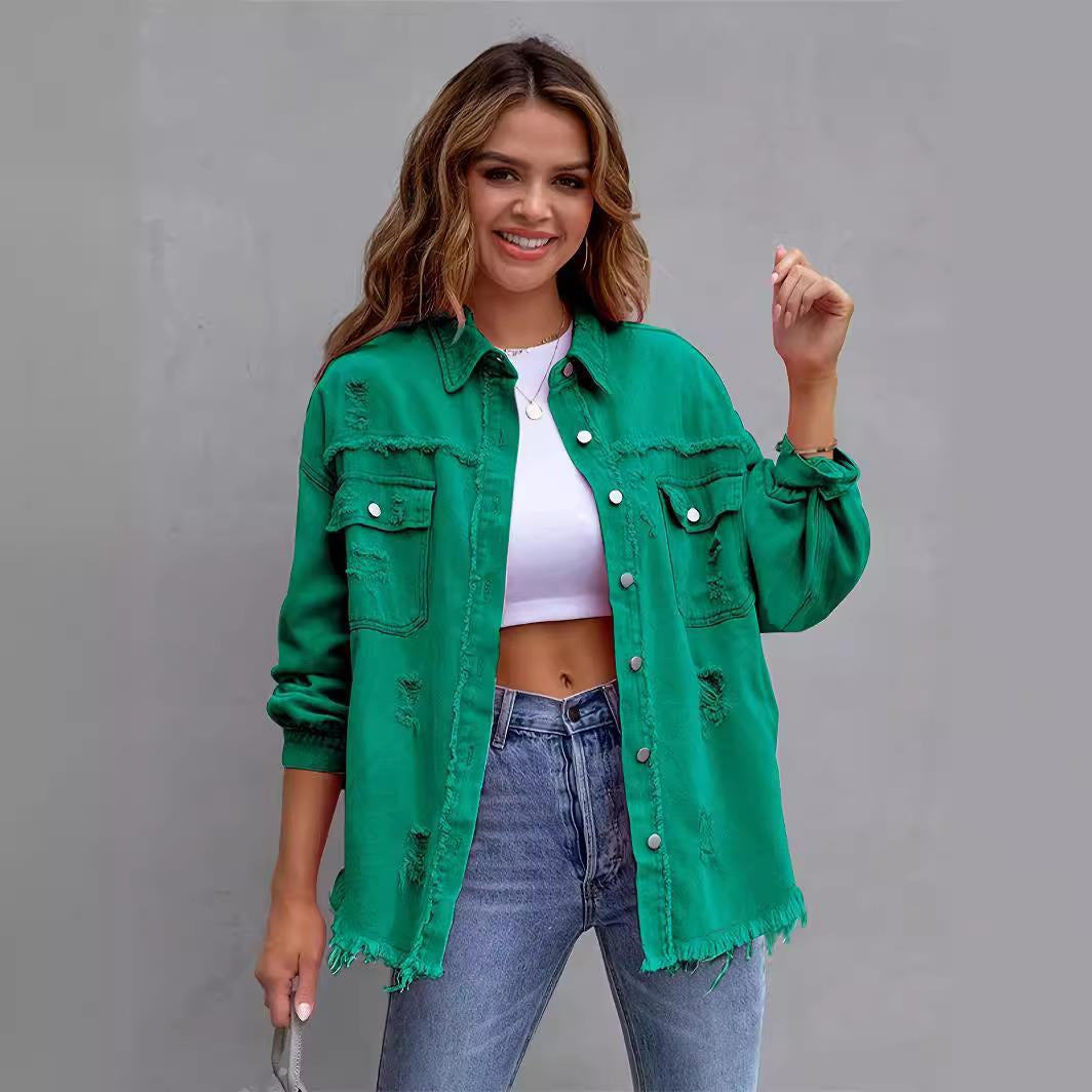 Genevieve | Womens Ripped Longline Denim Jacket