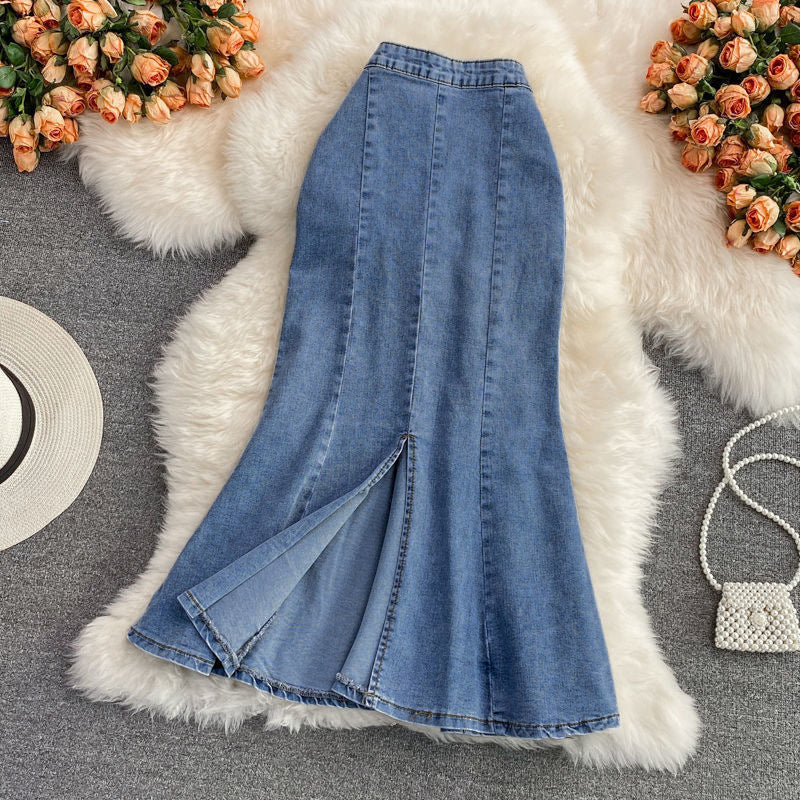 Edmund | Womens Denim Skirt Fishtail Split High Waisted Midi Skirt