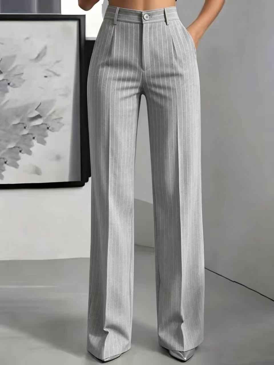 Briony | Womens Work Wide Leg High Waisted Striped Trousers - 14
