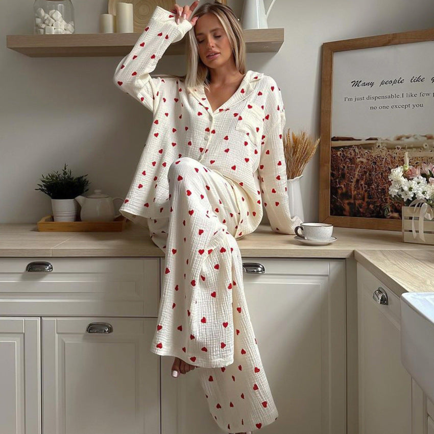 Delphine | Womens Cotton Pyjamas Heart Print Loungewear Set