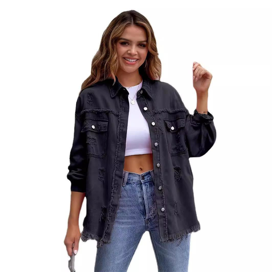 Genevieve | Womens Ripped Longline Denim Jacket